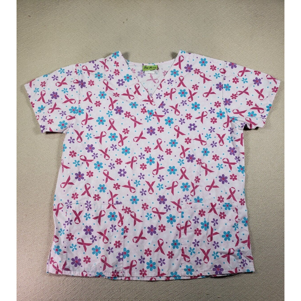 Pro Active‎ Shirt Womens XL White Floral V-Neck Scrub Top Medical Nurse Dental